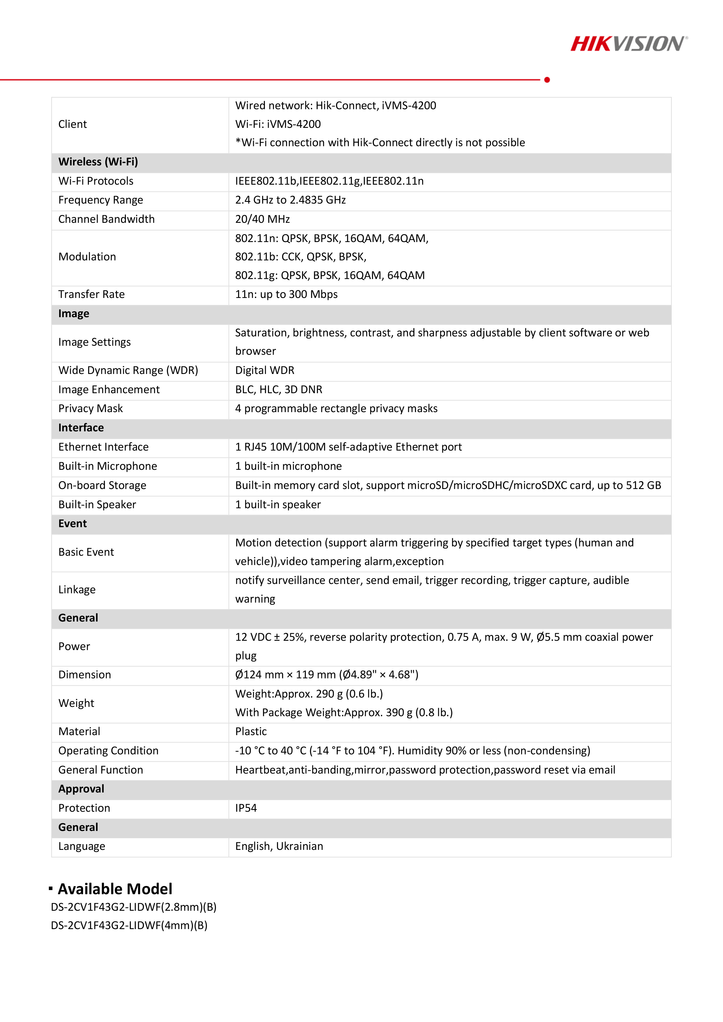 HIKVISION DS-2CV1F43G2-LIDWF(B) (2.8 mm.) กล้องวงจรปิดระบบ IP WIFI 4 ล้านพิกเซล Dual Light + มีไมค์และลำโพงในตัว สำหรับใช้กับชุด WIFI KIT NVS ของ HIKVISION เท่านั้น BY BILLIONAIRE SECURETECH DS-2CV1F43G2-LIDWF(B) (2.8 mm.)