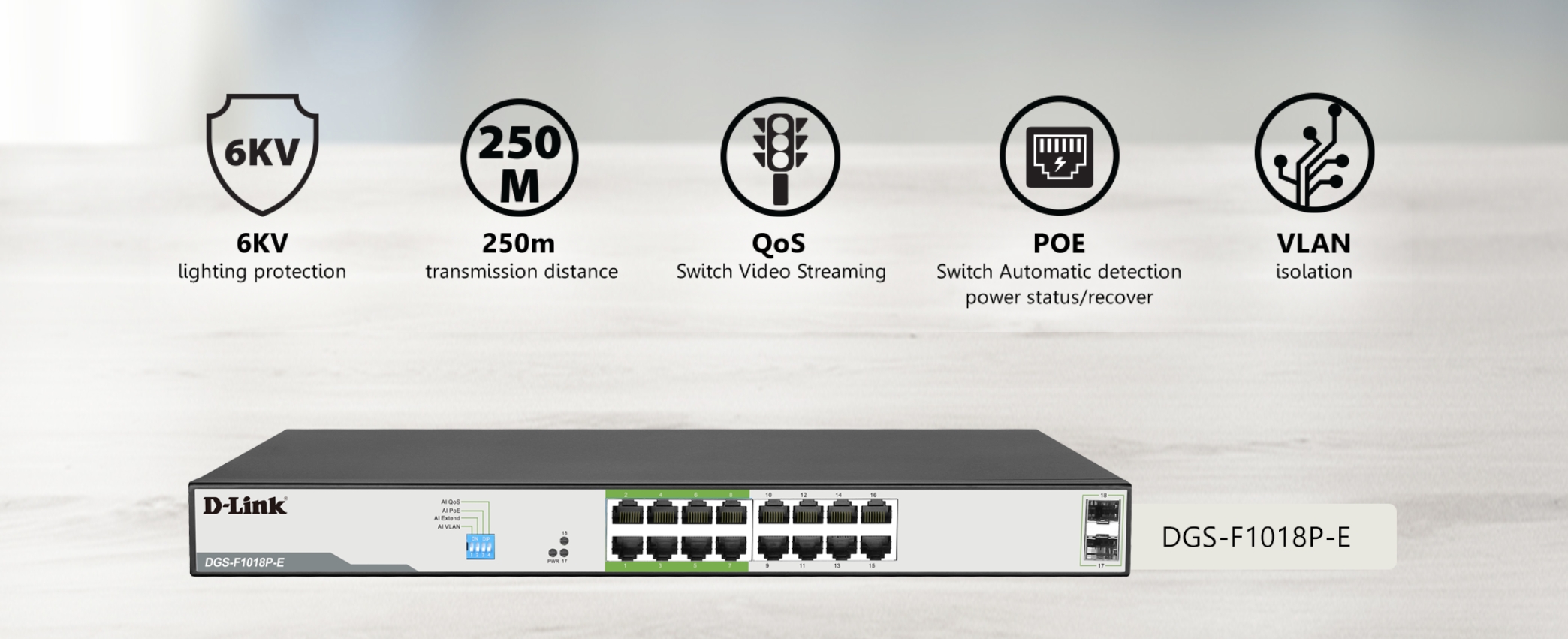 D-LINK DGS-F1018P-E : 250M 18-Port Unmanaged Gigabit Switch with 16 PoE Ports (150W) and 2 SFP Uplink Ports BY BILLIONAIRE SECURETECH DGS-F1018P-E