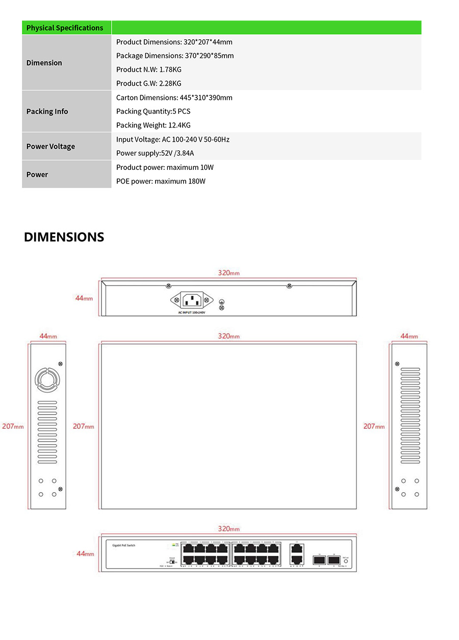 TIANDY TC-P3S020 Spec:G/1622/AT/180 GIGABIT POE SWICH 16POE + 2UPLINK Gigabit RJ45 + 2SFP GIGABIT Port 180W BY BILLIONAIRE SECURETECH TC-P3S020 Spec:G/1622/AT/180