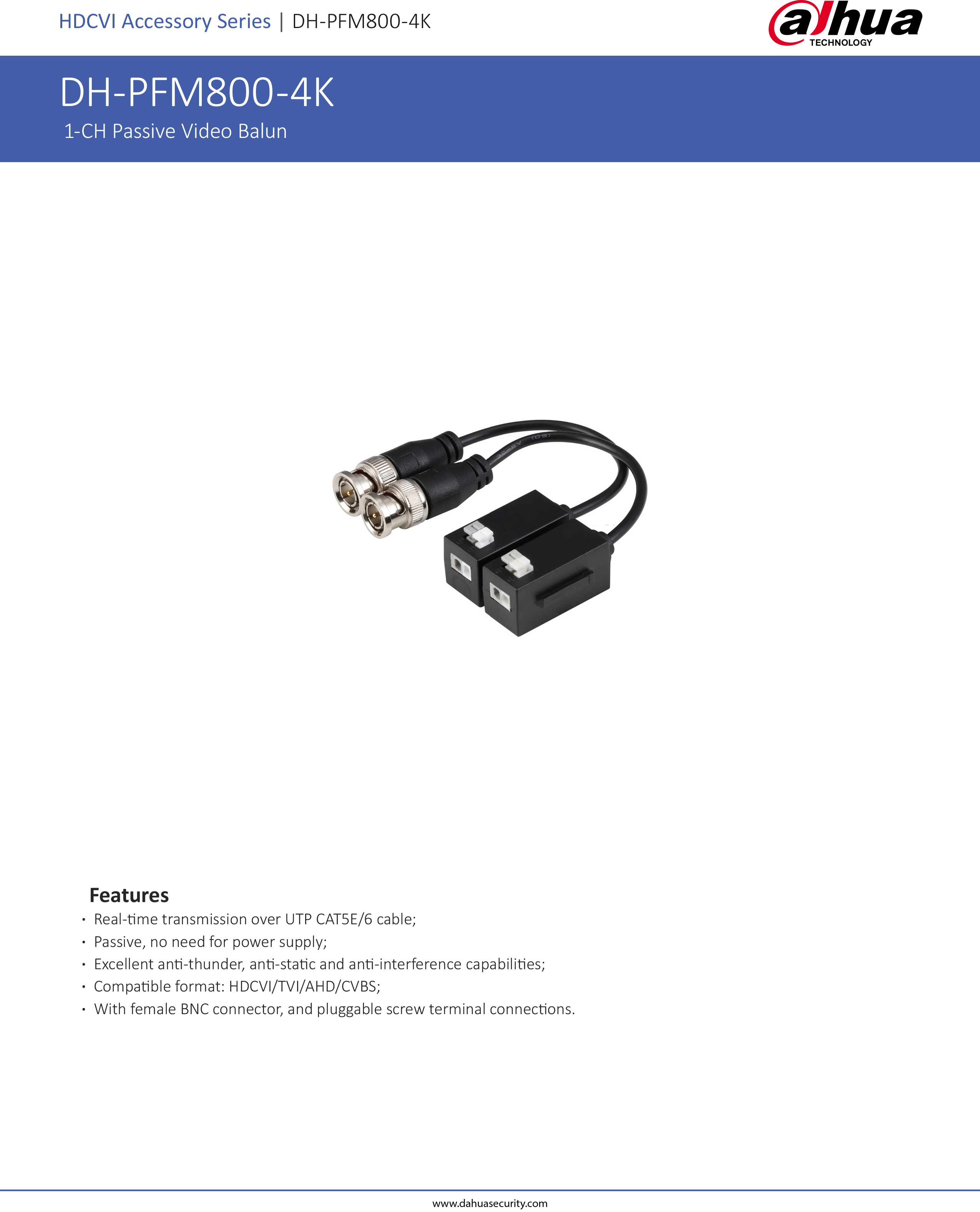 DAHUA PFM800-4K : 1-CH Passive Video Balun BY BILLIONAIRE SECURETECH PFM800-4K