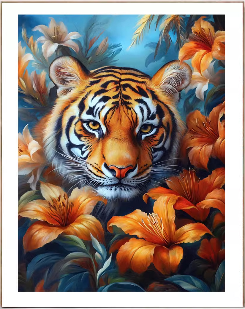 tiger-1111 *สินค้าหมด* ชุดปักครอสติชลายเสือลิลลี่ (ปักเต็มผืนผ้า ไม่มีเดินเส้น ผ้า9CTพิมพ์ลาย ปัก 4 เส้นเล็ก) ขนาด 60*90 ซม.ผ้าครอสติช 9CTพิมพ์ลายปักบนผ้า ไหมคอตตอน 48 สี ผังลาย เข็ม