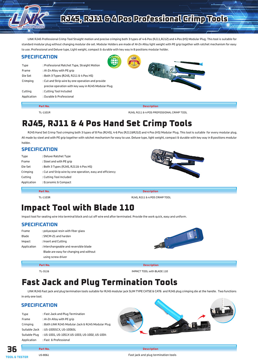 LINK TL-3116 IMPACT TOOL with Blade (ตัวเข้าสายตัวเมียและ Patch Panel แบบอัตโนมัติ) รหัสเดิม US-8006 BY BILLIONAIRE SECURETECH TL-3116