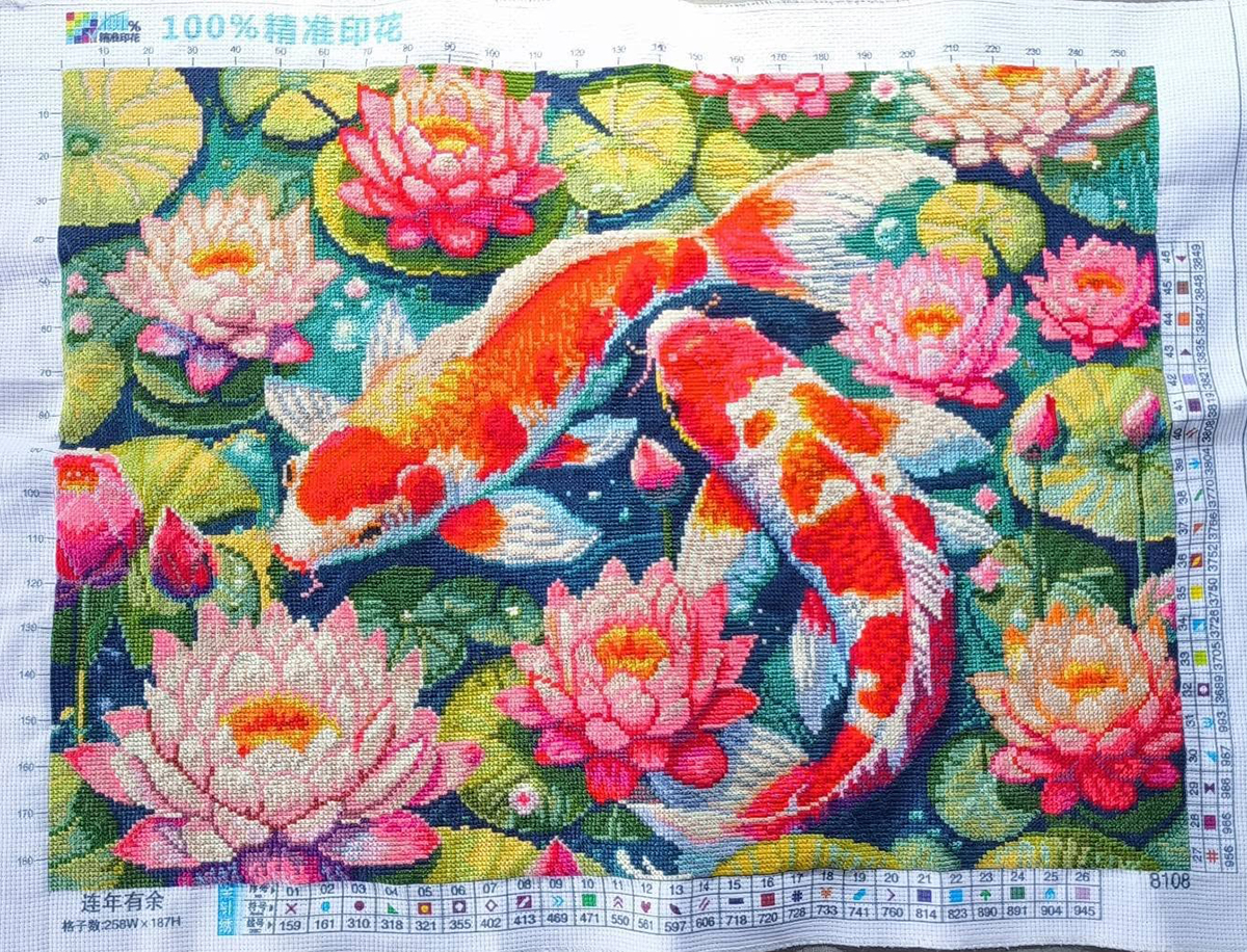 pla-1019 *สินค้าหมด* ชุดปักครอสติช ลายปลาคาร์ปคู่ในบึงบัว (ปักเต็มผืนผ้า ไม่มีเดินเส้น ผ้า11CTพิมพ์ลาย ปัก 3 เส้นเล็ก) ขนาด 70*53 ซม.ผ้าครอสติช 11CTพิมพ์ลายปักบนผ้า ไหมคอตตอน 46 สี ผังลาย เข็ม