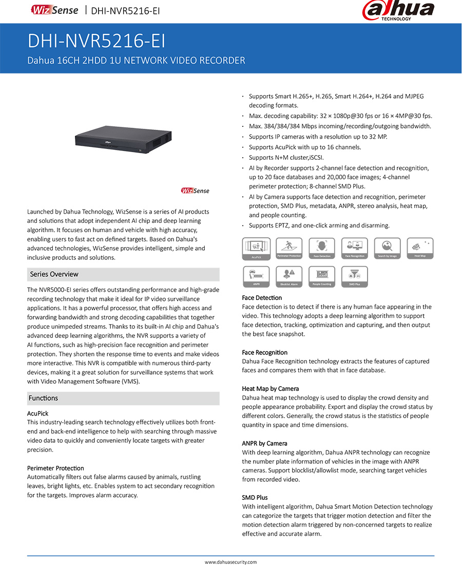 DAHUA NVR5216-EI (16 CH) NVR เครื่องบันทึกสำหรับกล้องวงจรปิดระบบ IP BY BILLIONAIRE SECURETECH NVR5216-EI