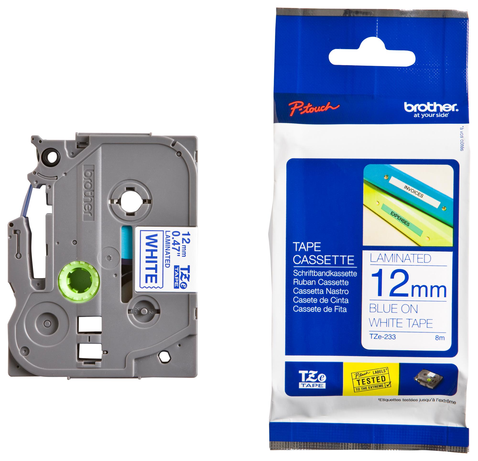 เทปพิมพ์อักษร BROTHER 12 mm. - อักษรน้ำเงินพื้นขาว TZE-233