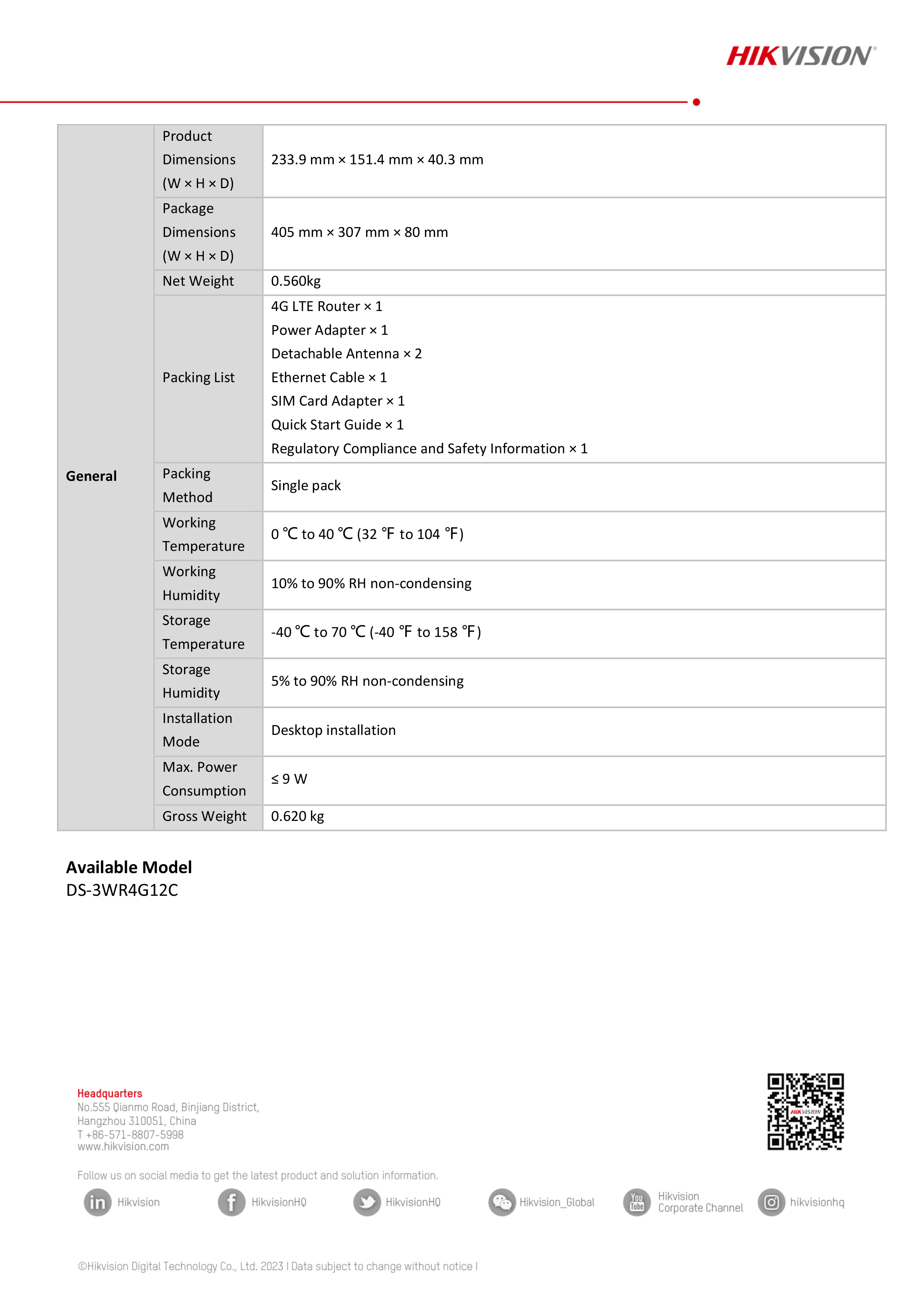 HIKVISION DS-3WR4G12C : AC1200 4G CAT4 Wireless Router BY BILLIONAIRE SECURETECH DS-3WR4G12C