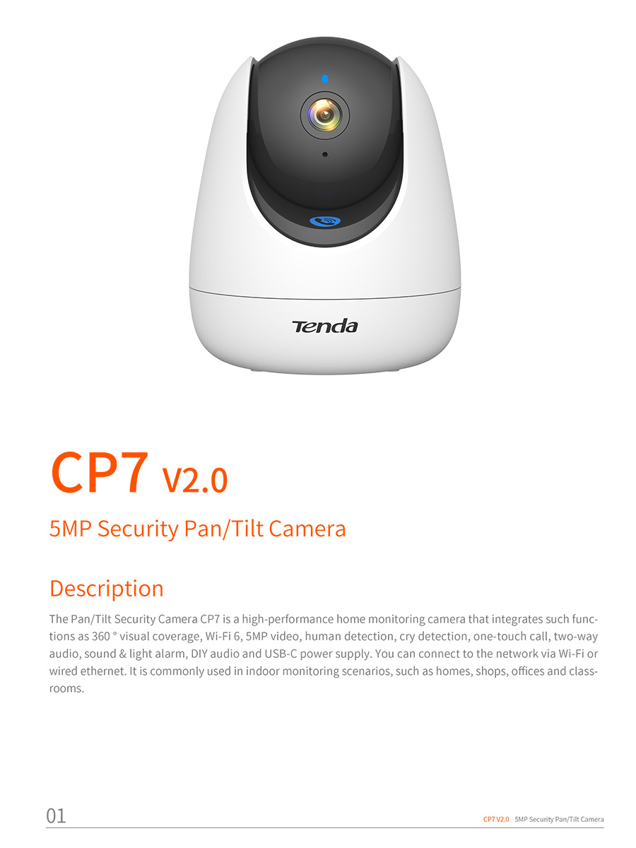 TENDA CP7 V2.0 5MP Security Pan/Tilt Camera, IR, Wi-Fi 6, human detection, cry detection BY BILLIONAIRE SECURETECH CP7