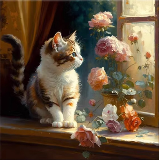 cat-1127 *สินค้าหมด* ชุดปักครอสติช ลายแมวน้อยริมหน้าต่าง B (ปักเต็มผืนผ้า ไม่มีเดินเส้น ผ้า11CTพิมพ์ลาย ปัก 3 เส้นเล็ก) ขนาด 50*50 ซม.ผ้าครอสติช 11CTพิมพ์ลายปักบนผ้า ไหมคอตตอน 47 สี ผังลาย เข็ม