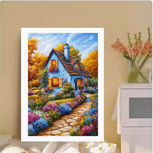 home-1154 *สินค้าหมด* ชุดปักครอสติช ลายบ้านสวยสวนดอกไม้ (ปักเต็มผืนผ้า ไม่มีเดินเส้น ผ้า11CTพิมพ์ลาย ปัก 3 เส้นเล็ก) ขนาด 50*65 ซม.ผ้าครอสติช 11CTพิมพ์ลายปักบนผ้า ไหมคอตตอน 51 สี ผังลาย เข็ม