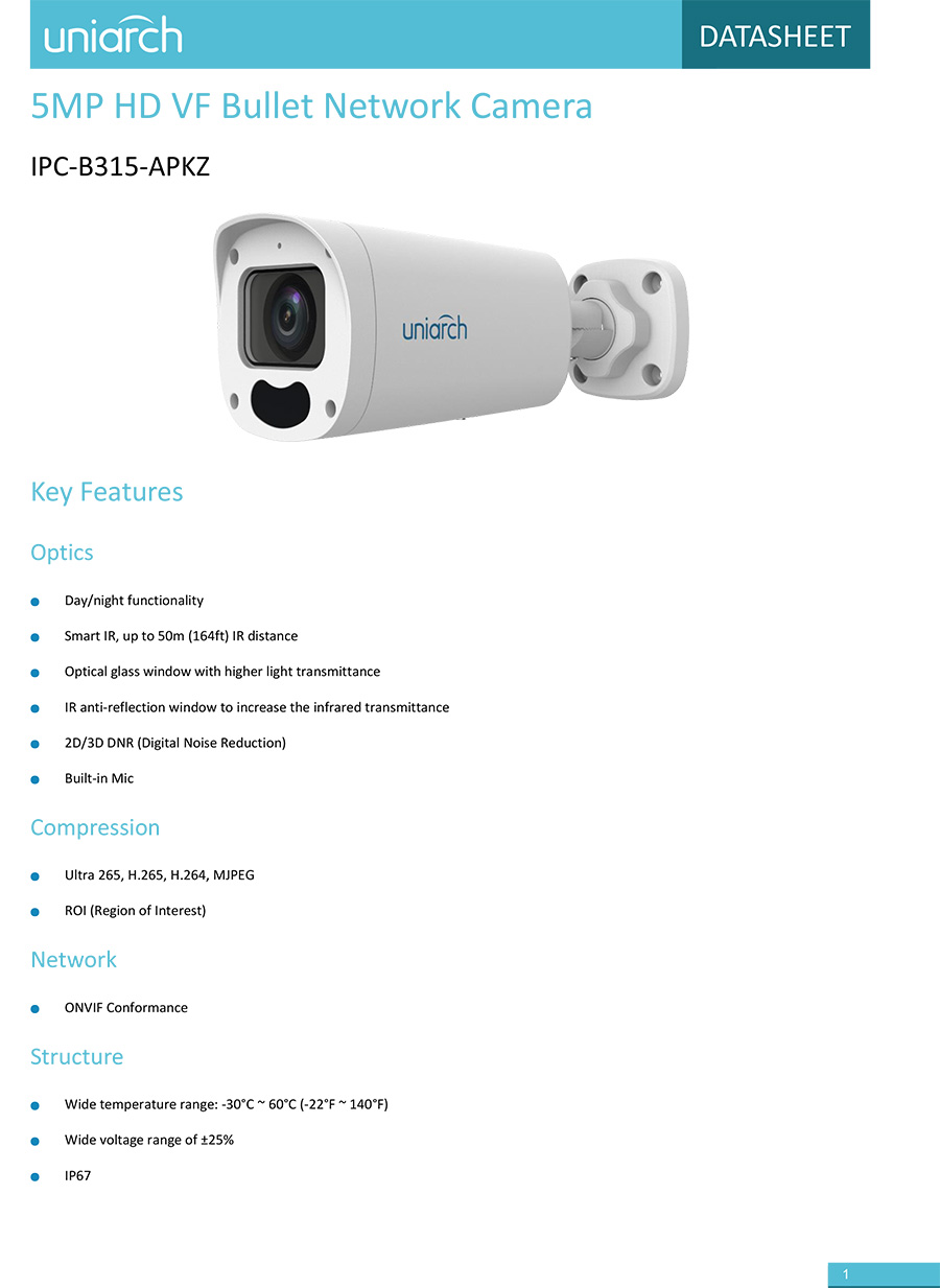 UNIARCH IPC-B315-APKZ (2.8-12mm.) กล้องวงจรปิด IP CAMERA 5MP เลนส์ซูมได้ PoE มีไมค์ในตัว ONVIF BY BILLIONAIRE SECURETECH IPC-B315-APKZ