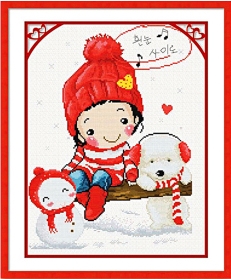 girl-1160 *พร้อมส่ง* ชุดปักครอสติช ลายสาวน้อยกับตุ๊กตาหิมะ ขนาด 43*56 ซม.ผ้าครอสติช 11CTพิมพ์ลายปักบนผ้า ไหมคอตตอน 26 สี ผังลาย เข็ม