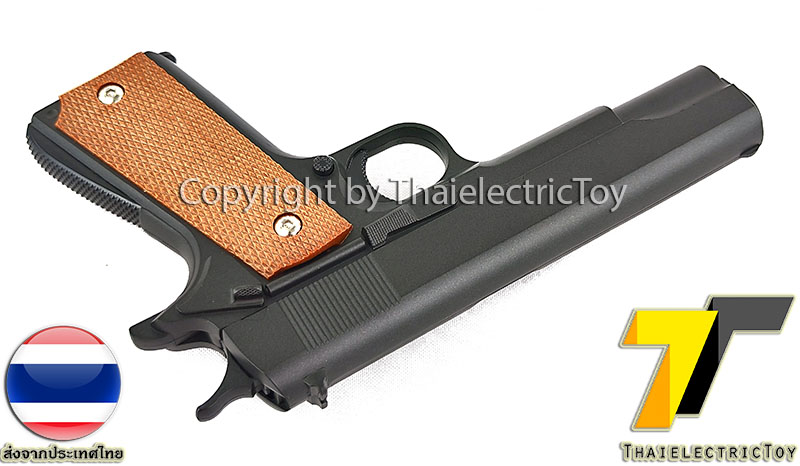 ปืนอัดลมเหล็ก ชักยิงทีล่ะนัด Colt 1911 ลำกล้องยาว 7.5 นิ้ว หนัก 491 กรัม ใช้ลูกกระสุนพลาสติก 6 มิล