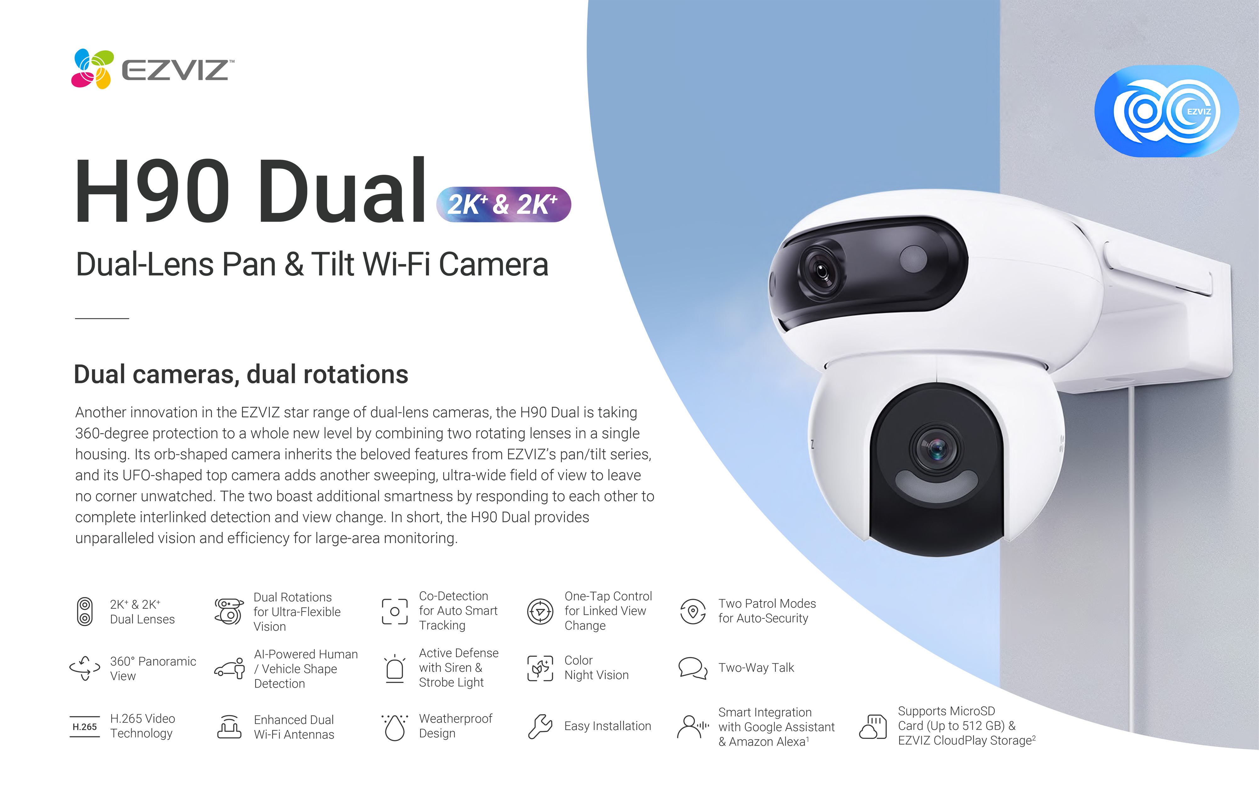 EZVIZ H90 Dual กล้องวงจรปิดระบบ IP WIFI ความละเอียด 2K+ & 2K+ DUAL LENS ภาพสี 24 ชม. มีไมค์และลำโพงในตัว ติดตั้งภายนอกได้ BY BILLIONAIRE SECURETECH EZVIZ H90 Dual