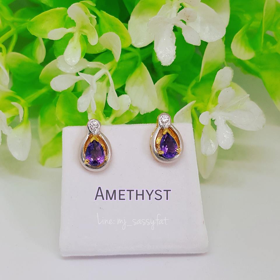 งานทำตามออเดอร์ส่งคุณลูกค้าค่ะ ต่างหูพลอยอเมทีสต์ Amethyst ทรงหยดน้ำสีม่วง 1