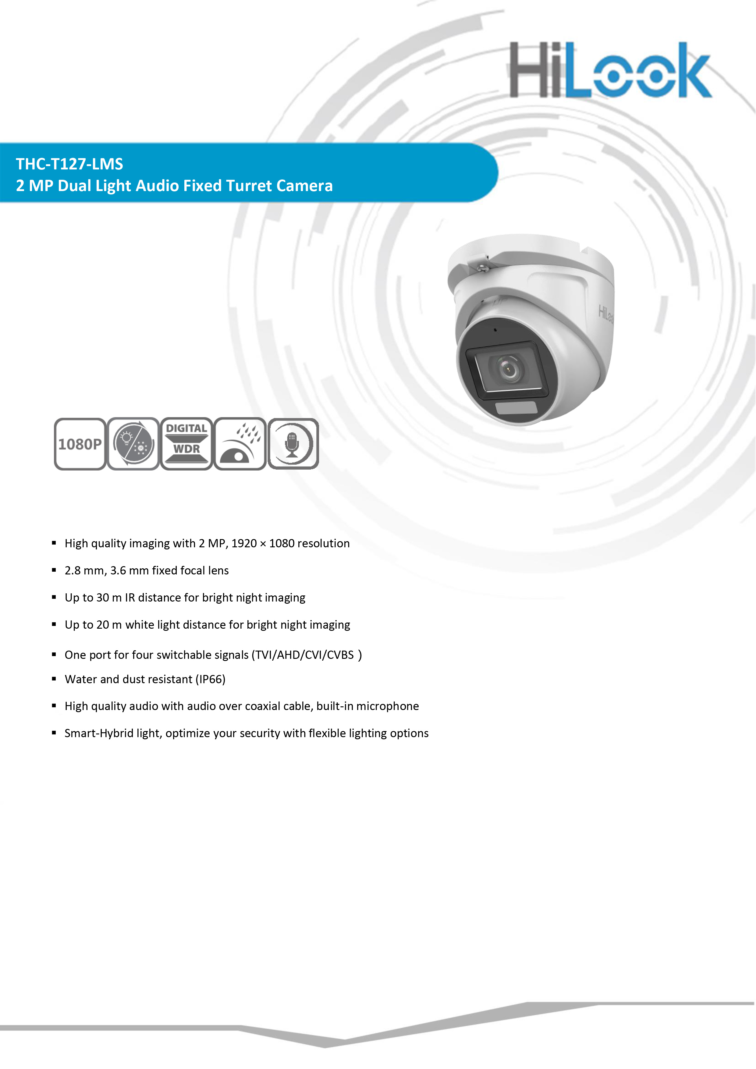 HILOOK THC-T127-LMS กล้องวงจรปิดระบบ HD 2 ล้านพิกเซล Smart Hybrid Light มีไมค์ในตัว BY BILLIONAIRE SECURETECH THC-T127-LMS