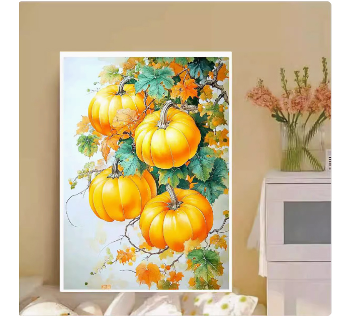 pumpkin-1001 *สินค้าหมด* ชุดปักครอสติช ลายช่อฟักทอง (ปักเต็มผืนผ้า ไม่มีเดินเส้น ผ้า9CTพิมพ์ลาย ปัก 4 เส้นเล็ก) ขนาด 60*80 ซม.ผ้าครอสติช 9CTพิมพ์ลายปักบนผ้า ไหมคอตตอน 31 สี ผังลาย เข็ม