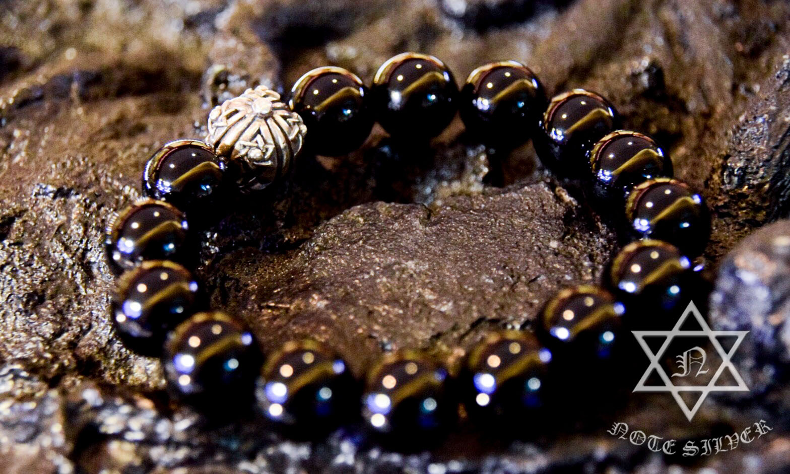 นิลผิวเงา 12mm มิกซ์หมุดเงินแท้ดาวหกแฉก Star of David