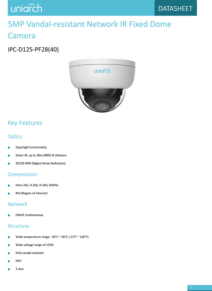UNIARCH IPC-D125-PF28(40) กล้องวงจรปิด IP CAMERA 5MP PoE ONVIF BY BILLIONAIRE SECURETECH IPC-D125-PF28(40)