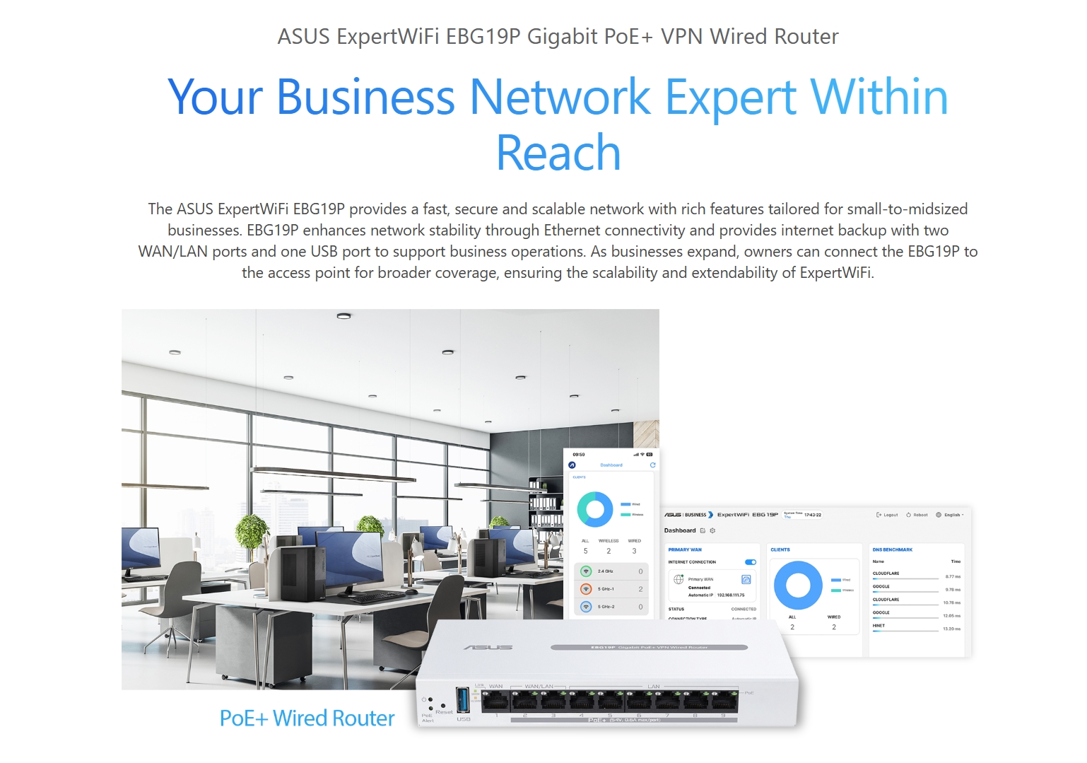 ASUS EBG19P : Gigabit PoE+ VPN wired router, 8 PoE+ ports, 123W, Up to 3 WAN ethernet ports + 1 USB WAN BY BILLIONAIRE SECURETECH EBG19P