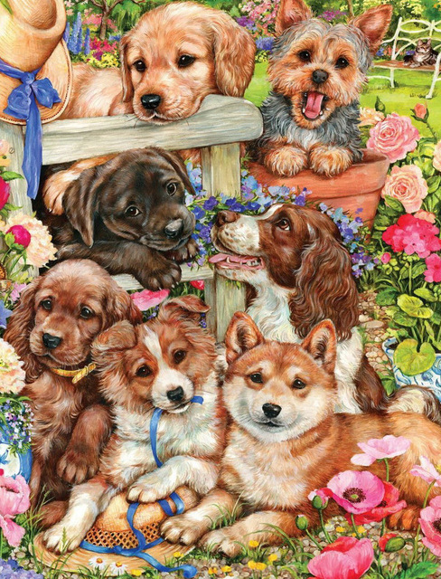 dog-1034 *สินค้าหมด* ชุดปักครอสติช ลายรวมน้องหมา (งานปักเต็มลาย ไม่มีเดินเส้น) ขนาด 40*50 ซม.ผ้าครอสติช 11CTพิมพ์ลายปักบนผ้า ไหมคอตตอน 24 สี ผังลาย เข็ม