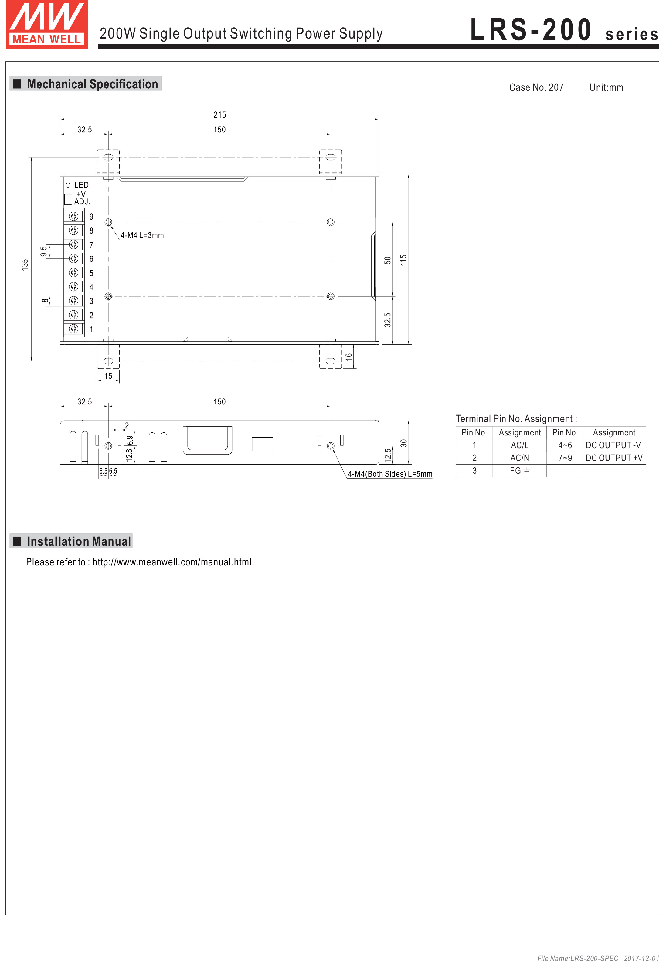MEANWELL LRS-200-12 SWITCHING POWER SUPPLY 12V 17A BY BILLIONAIRE SECURETECH LRS-200-12