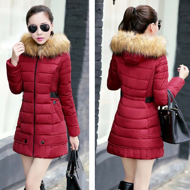 (พร้อมส่ง)เสื้อกันหนาวผ้าร่มกันลมบุนวม ซิปหน้า มี Fur รอบ Hood สีแดง (M)