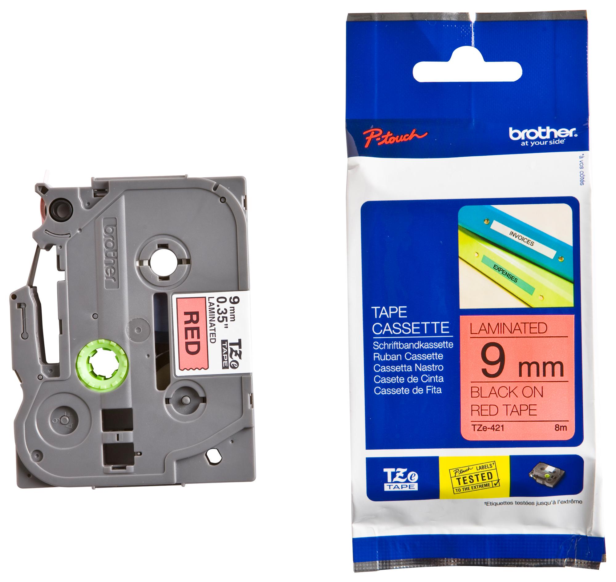 เทปพิมพ์อักษร BROTHER 9 mm. - อักษรดำพื้นแดง TZE-421