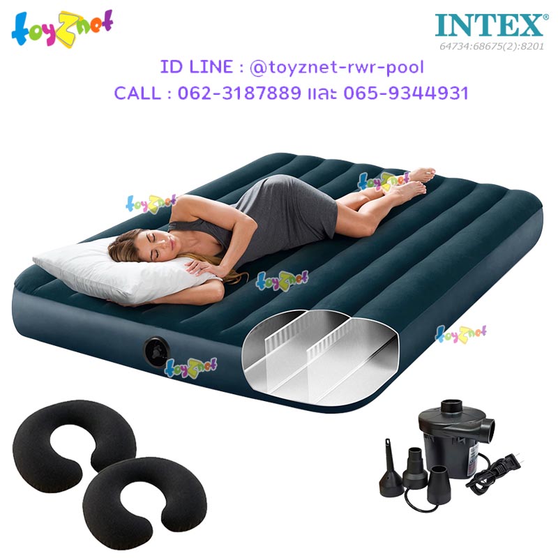 Intex New Structure - More Comfortable Dura-Beam Fiber-Tech Airbed 5ft (Queen) 1.52x2.03x0.25 m Midnight Green no.64734 + 2 Travel Pillows + Elec. Air Pump