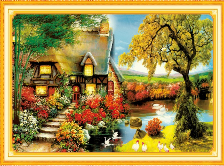 home-1019 *สินค้าหมด* ชุดปักครอสติช ลายบ้านน้อยริมคลอง (ปักเต็มผืนผ้า ไม่มีเดินเส้น ผ้า11CTพิมพ์ลาย ปัก 3 เส้นเล็ก) ขนาด 69*47 ซม.ผ้าครอสติช 11CTพิมพ์ลายปักบนผ้า ไหมคอตตอน 45 สี ผังลาย เข็ม