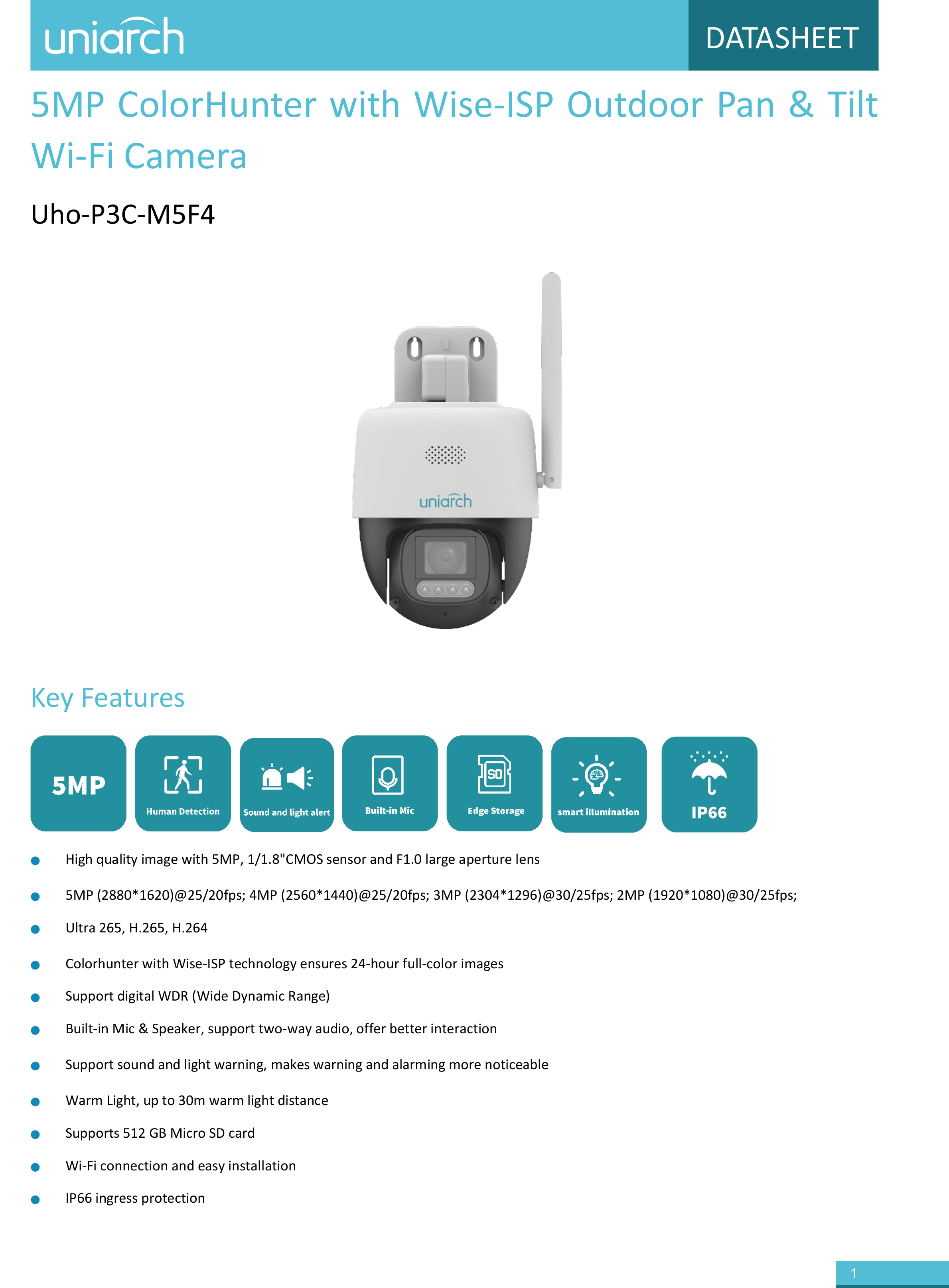 UNIARCH Uho-P3C-M5F4 (4 mm.) กล้องวงจรปิดระบบ IP WIFI 5 MP Wise-ISP มีไมค์และลำโพงในตัว ภาพสี 24 ชม. ใช้งานภายนอกได้ BY BILLIONAIRE SECURETECH Uho-P3C-M5F4 (4 mm.)