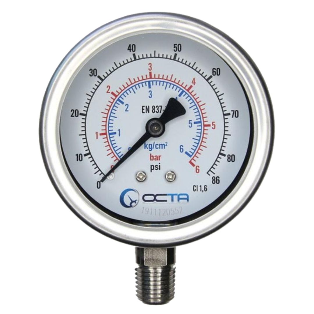 Pressure Gauge เกจวัดแรงดัน หน้าปัด 2.5 นิ้ว เกลียวสแตนเลส ออกล่าง 1/4 นิ้ว NPT ยี่ห้อ OCTA