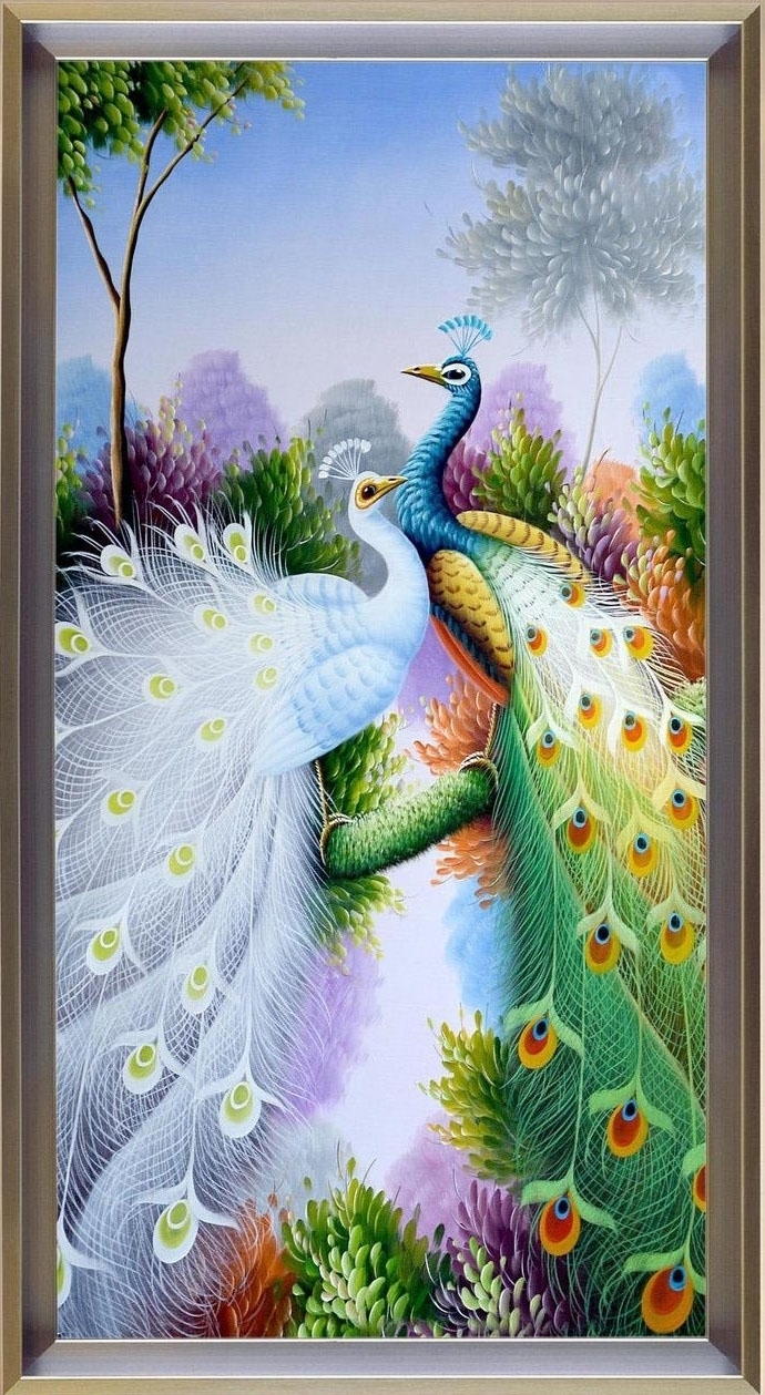 peacock-1101 *สินค้าหมด* ชุดปักครอสติช ลายนกยูงคู่ (ปักเต็มผืนผ้า ไม่มีเดินเส้น ปักครั้งละ 3 เส้นเล็ก) ขนาดใหญ่ 66*121 ซม.ผ้าครอสติช 11CTพิมพ์ลายปักบนผ้า ไหมคอตตอน 52 สี ผังลาย เข็ม