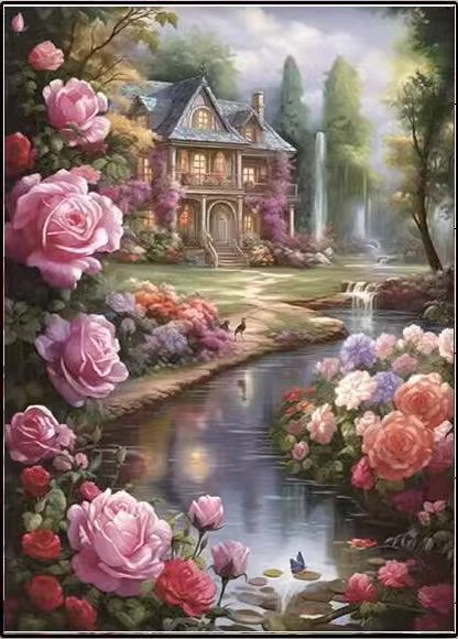 home-1112 *สินค้าหมด* ชุดปักครอสติช ลายบ้านสวยสวนกุหลาบ (ปักเต็มผืนผ้า ไม่มีเดินเส้น ผ้า 9CTพิมพ์ลาย ปัก 4 เส้นเล็ก) ขนาด 60*80 ซม.ผ้าครอสติช 9CTพิมพ์ลายปักบนผ้า ไหมคอตตอน 42 สี ผังลาย เข็ม