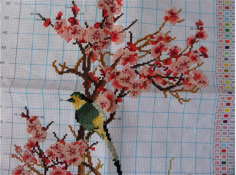 bloom-1027 *สินค้าหมด* ชุดปักครอสติช ลายลายนกน้อยกับช่อเหมย (ผ้า11CTพิมพ์ลาย ปัก 3 เส้นเล็ก) ขนาด 37*87 ซม ผ้าครอสติช 11CTพิมพ์ลายปักบนผ้า ไหมคอตตอน 43 สี ผังลาย เข็ม