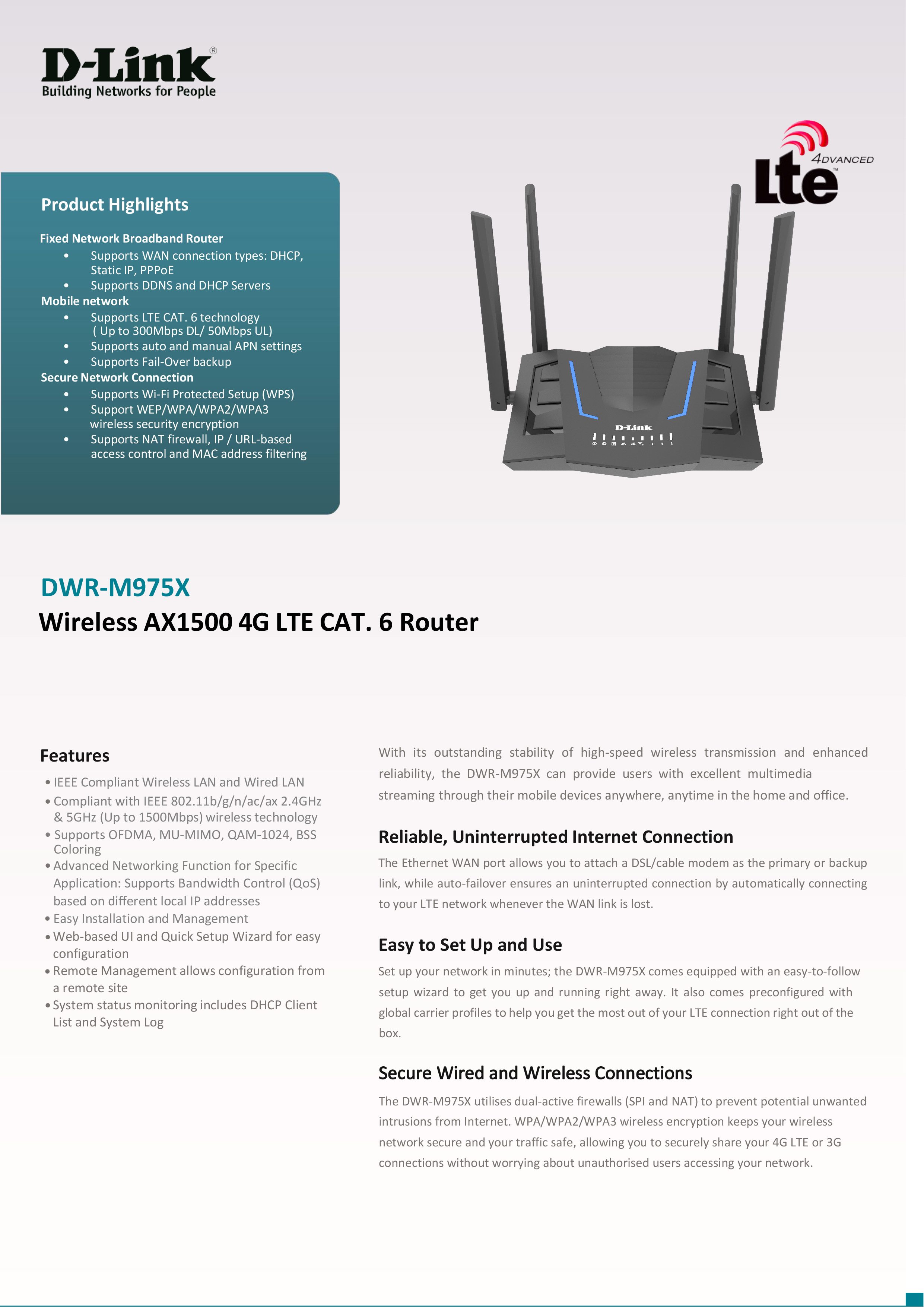 D-LINK DWR-M975X : Wireless AX1500 4G LTE CAT. 6 Router BY BILLIONAIRE SECURETECH DWR-M975X
