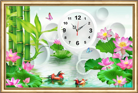 clock-2017 *สินค้าหมด* ชุดภาพติดคริสตัลกลม ลายนาฬิกา เป็ดแมนดารินคู่ในบึงบัว (งานติดเต็มภาพ) ขนาด 50*38 ซม.ผ้าแคนวาสลงผังลายเต็ม คริสตัลกลม 28 สี (มีตัวเรือนนาฬิกา) อุปกรณ์ครบชุด