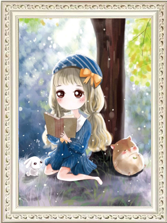 girl-1091 *สินค้าหมด* ชุดปักครอสติช ลายสาวน้อยอ่านหนังสือ (งานปักเต็มลาย ไม่มีเดินเส้น) ขนาด 51*68 ซม.ผ้าครอสติช 11CTพิมพ์ลายปักบนผ้า ไหมคอตตอน 50 สี ผังลาย เข็ม