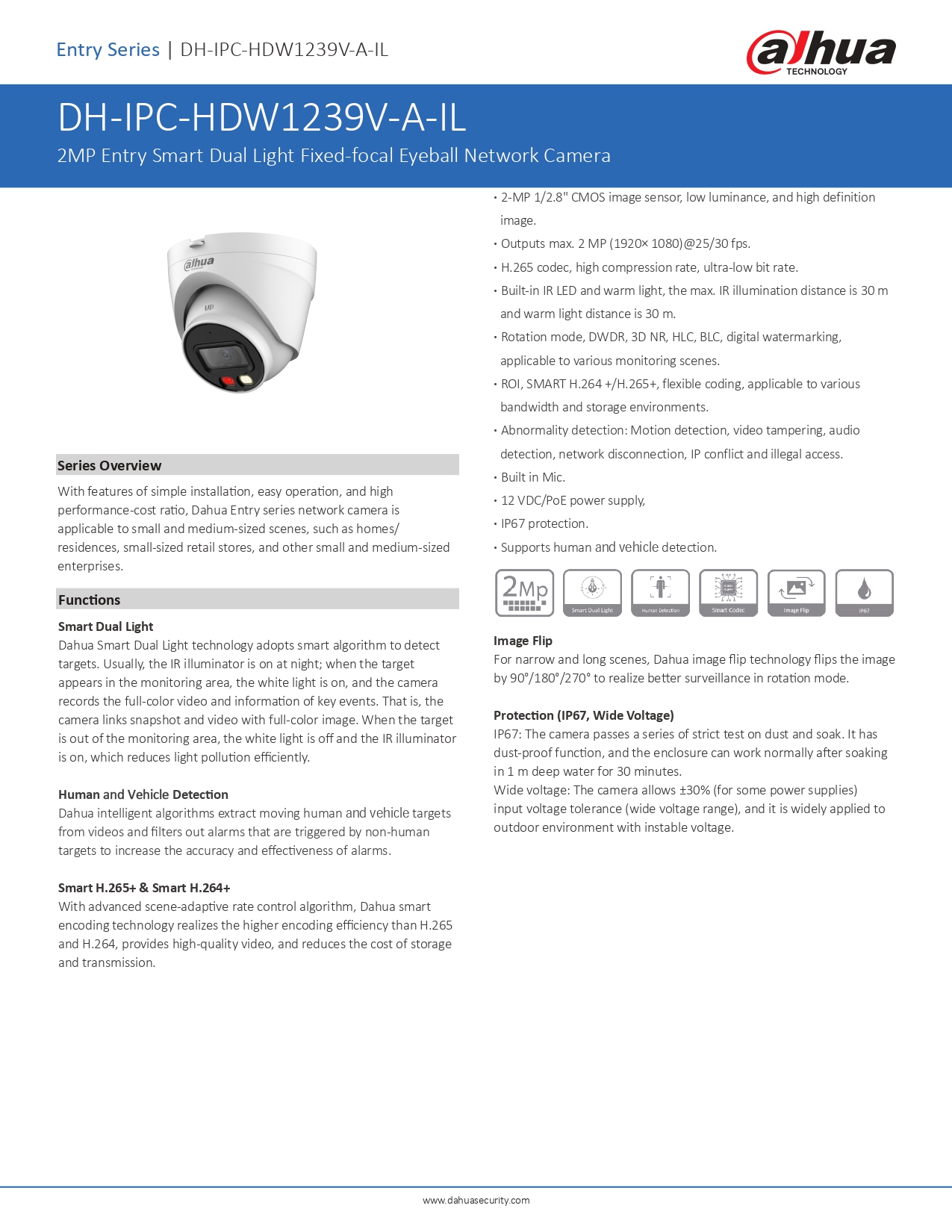 DAHUA IPC-HDW1239V-A-IL (2.8/3.6MM.) กล้องวงจรปิด IP Camera 2MP Smart Dual Light, มีไมค์ในตัว BY BILLIONAIRE SECURETECH IPC-HDW1239V-A-IL