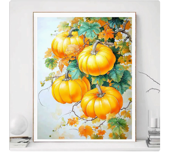 pumpkin-1001 *สินค้าหมด* ชุดปักครอสติช ลายช่อฟักทอง (ปักเต็มผืนผ้า ไม่มีเดินเส้น ผ้า9CTพิมพ์ลาย ปัก 4 เส้นเล็ก) ขนาด 60*80 ซม.ผ้าครอสติช 9CTพิมพ์ลายปักบนผ้า ไหมคอตตอน 31 สี ผังลาย เข็ม