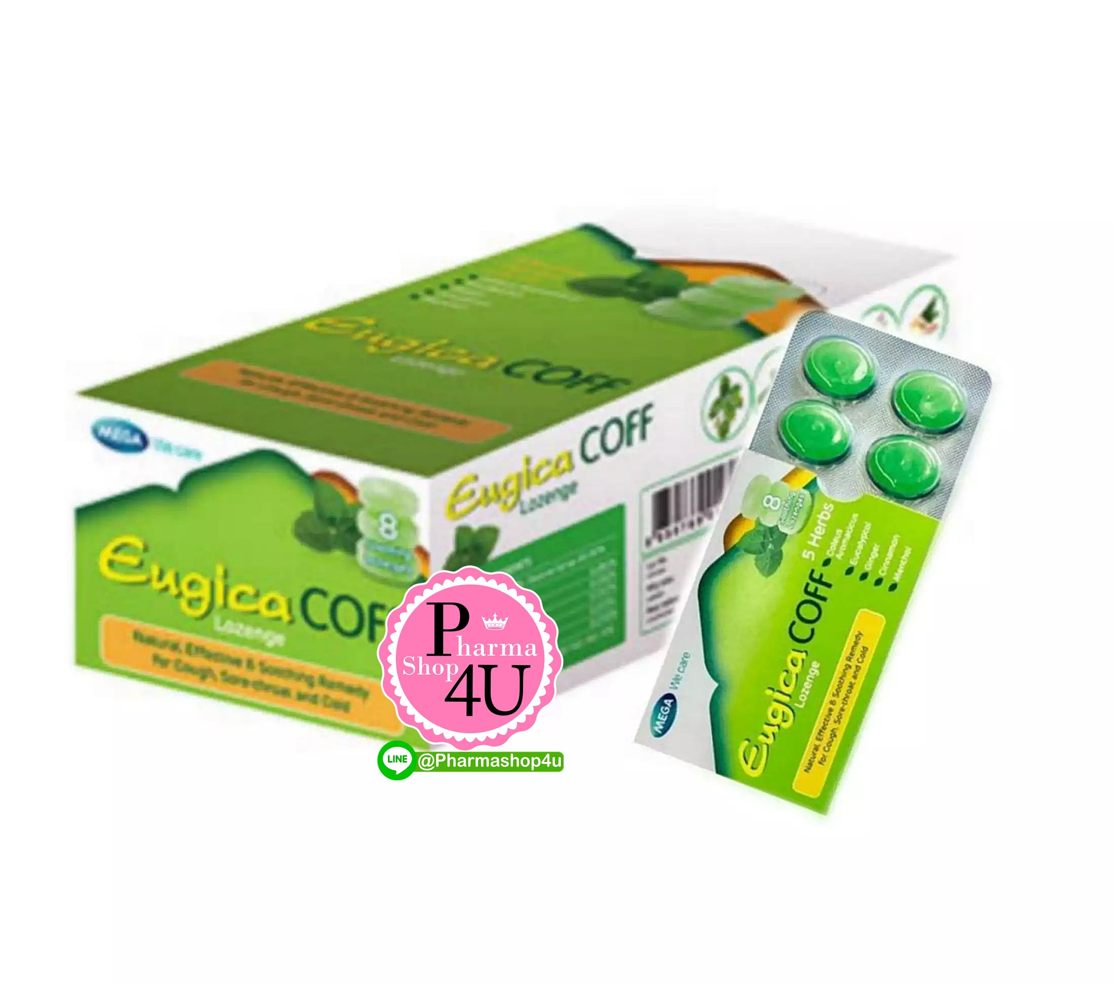 Mega wecare Eugica Coff ยกกล่อง(ยูจิกา ยาอมแก้ไอ กล่องละ15 ซอง ซองละ 8 เม็ด)