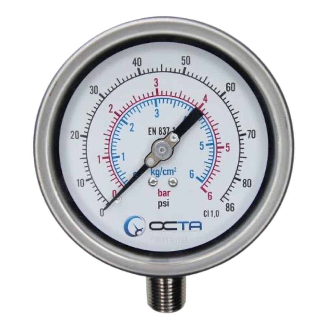 Pressure Gauge เกจวัดแรงดัน หน้าปัด 4 นิ้ว เกลียวสแตนเลส ออกล่าง 1/2 นิ้ว NPT ยี่ห้อ OCTA