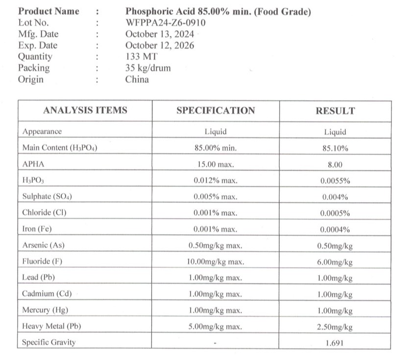 [35KG] กรดฟอสฟอริก H3PO4 Phosphoric acid 85% (0-61-0) เกรดอาหาร มี อย. บรรจุ 35 กิโลกรัม (ส่งได้เฉพาะนิ่มเอ็กซ์พรสมีค่าจัดส่งเพิ่มเติม งดรับประกันสินค้า)