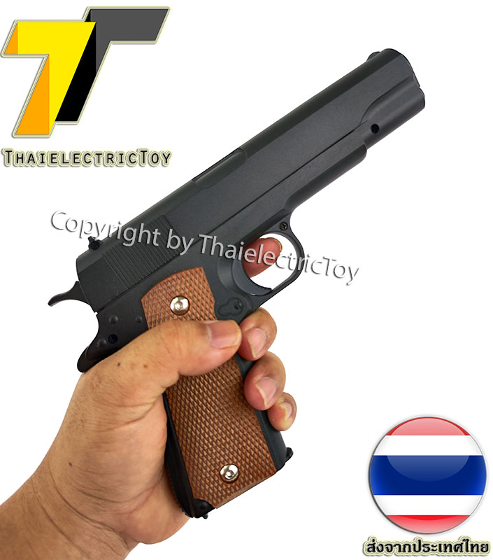 ปืนอัดลมเหล็ก ชักยิงทีล่ะนัด Colt 1911 ลำกล้องยาว 7.5 นิ้ว หนัก 491 กรัม ใช้ลูกกระสุนพลาสติก 6 มิล