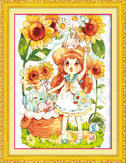 girl-1123 *สินค้าหมด* ชุดปักครอสติช ลายสาวน้อยทานตะวัน (ปักเต็มผืนผ้า ไม่มีเดินเส้น ผ้า11CTพิมพ์ลาย มีประกาย ปัก 3 เส้นเล็ก) ขนาด 54*70 ซม.ผ้าครอสติช 11CTพิมพ์ลายปักบนผ้า ไหมคอตตอน 31 สี ผังลาย เข็ม