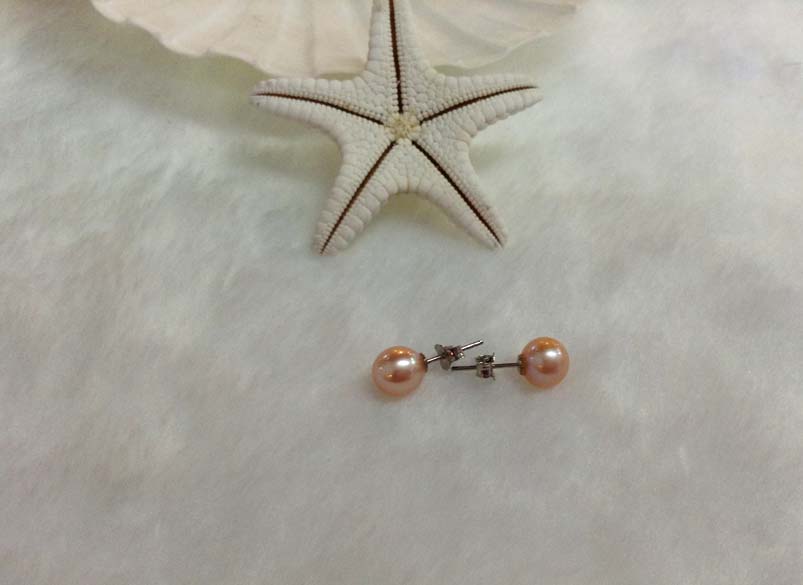 ต่างหูไข่มุกแท้ 7-7.5 มิล กลม ก้านเงินแท้ สีส้ม