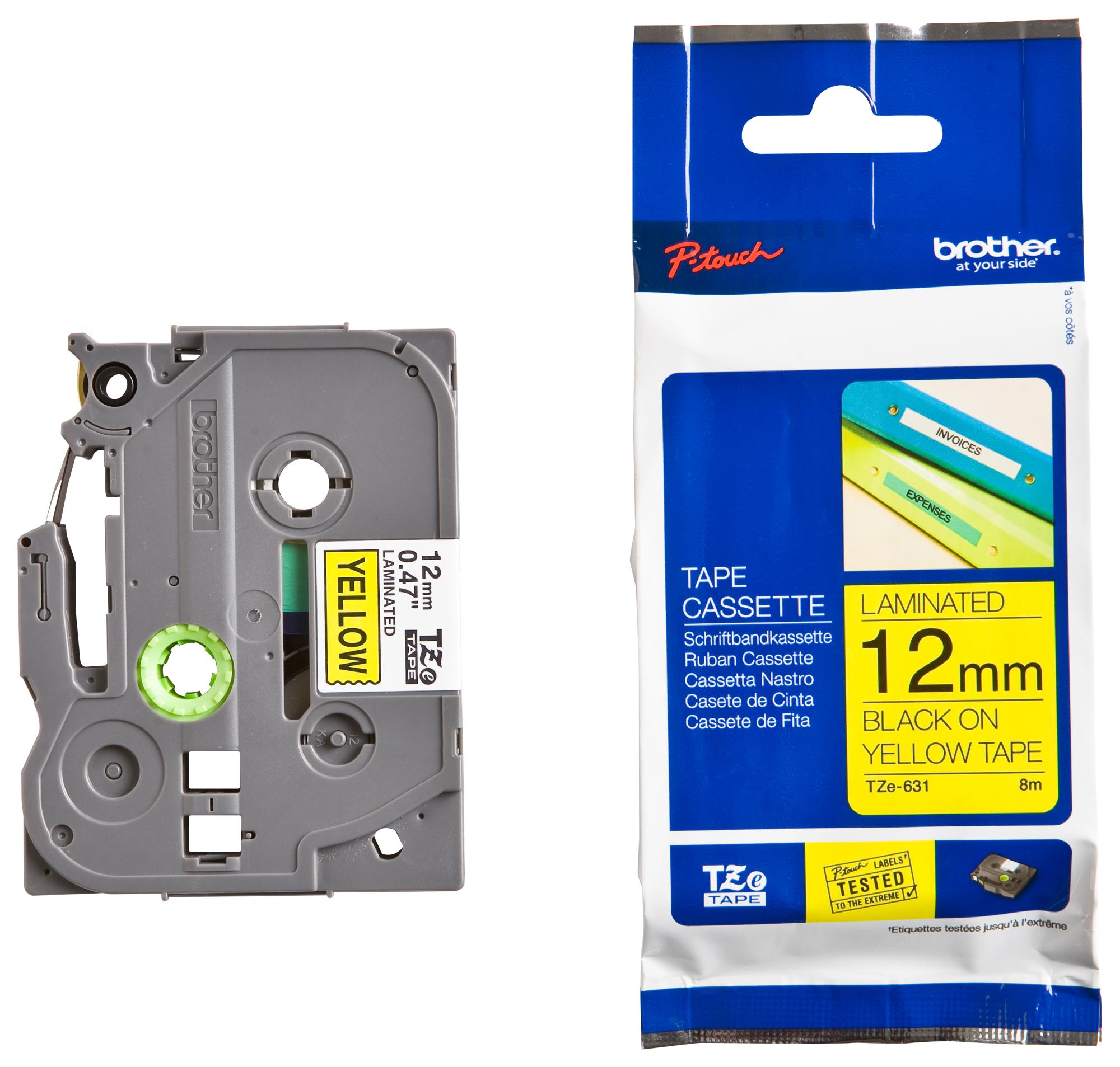 เทปพิมพ์อักษร BROTHER 12mm. อักษรดำพื้นเหลือง TZE-631
