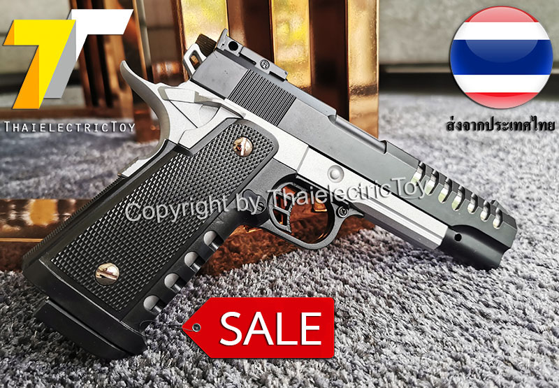 ปืนอัดลมเหล็ก K6 สีทูโทน ชักยิงทีล่ะนัด ลำกล้องยาว 7.5 นิ้ว หนัก 497 กรัม ใช้ลูกกระสุนพลาสติก 6 มิล