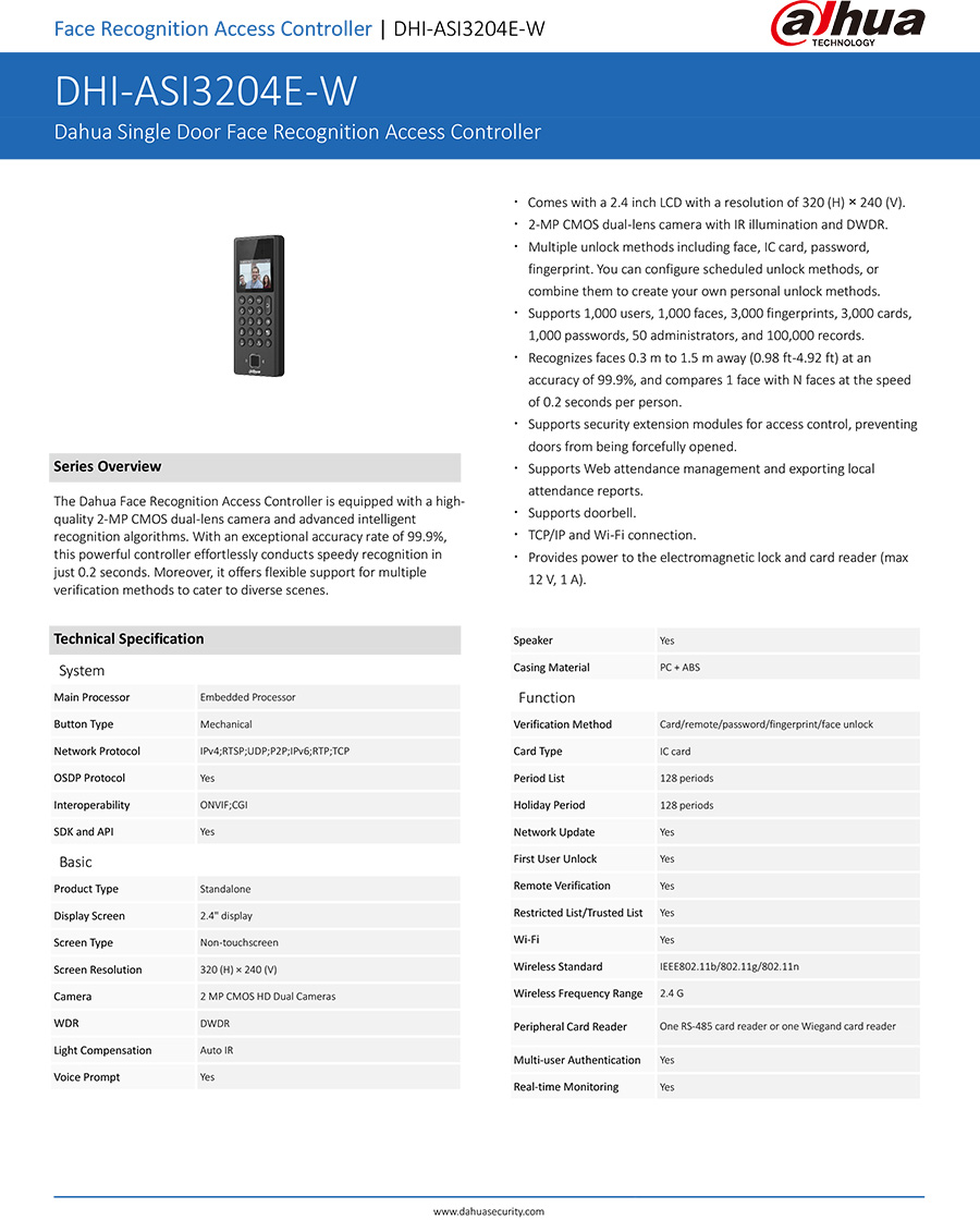 DAHUA ASI3204E-W Face Recognition Access Controller บันทึกเวลา และใช้คุมประตูได้ BY BILLIONAIRE SECURETECH ASI3204E-W