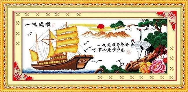 boat-1103 *สินค้าหมด* ชุดปักครอสติช ลายล่องเรือสำเภาทอง (ผ้า11CTพิมพ์ลาย ปัก 3 เส้นเล็ก) ขนาด 85*45 ซม ผ้าครอสติช 11CTพิมพ์ลายปักบนผ้า ไหมคอตตอน 32 สี ผังลาย เข็ม