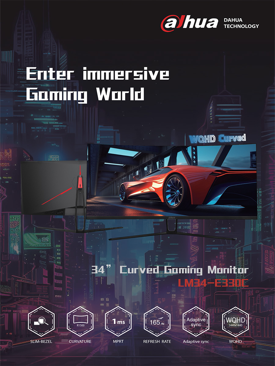 DAHUA LM34-E330C 34'' VA WQHD Gaming Curved Monitor 165Hz Refresh Rate , Response Time MPRT 1 ms : 2×DP, 2×HDMI BY BILLIONAIRE SECURETECH LM34-E330C